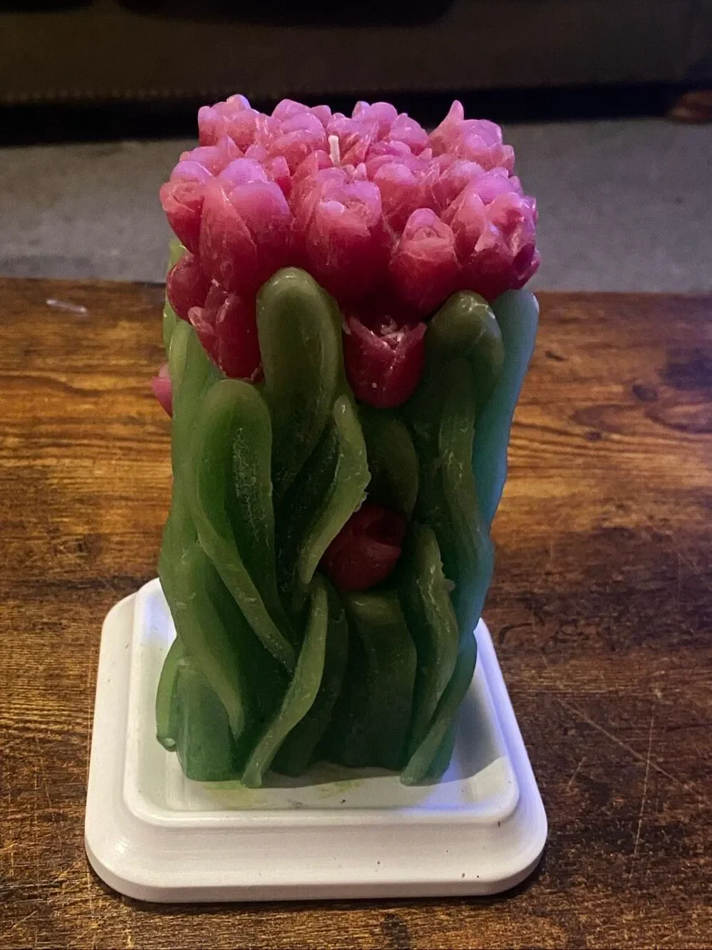 Earth One Tulip Candle Holder Handmade Floral Art Pink Green Modern Cottage Deco